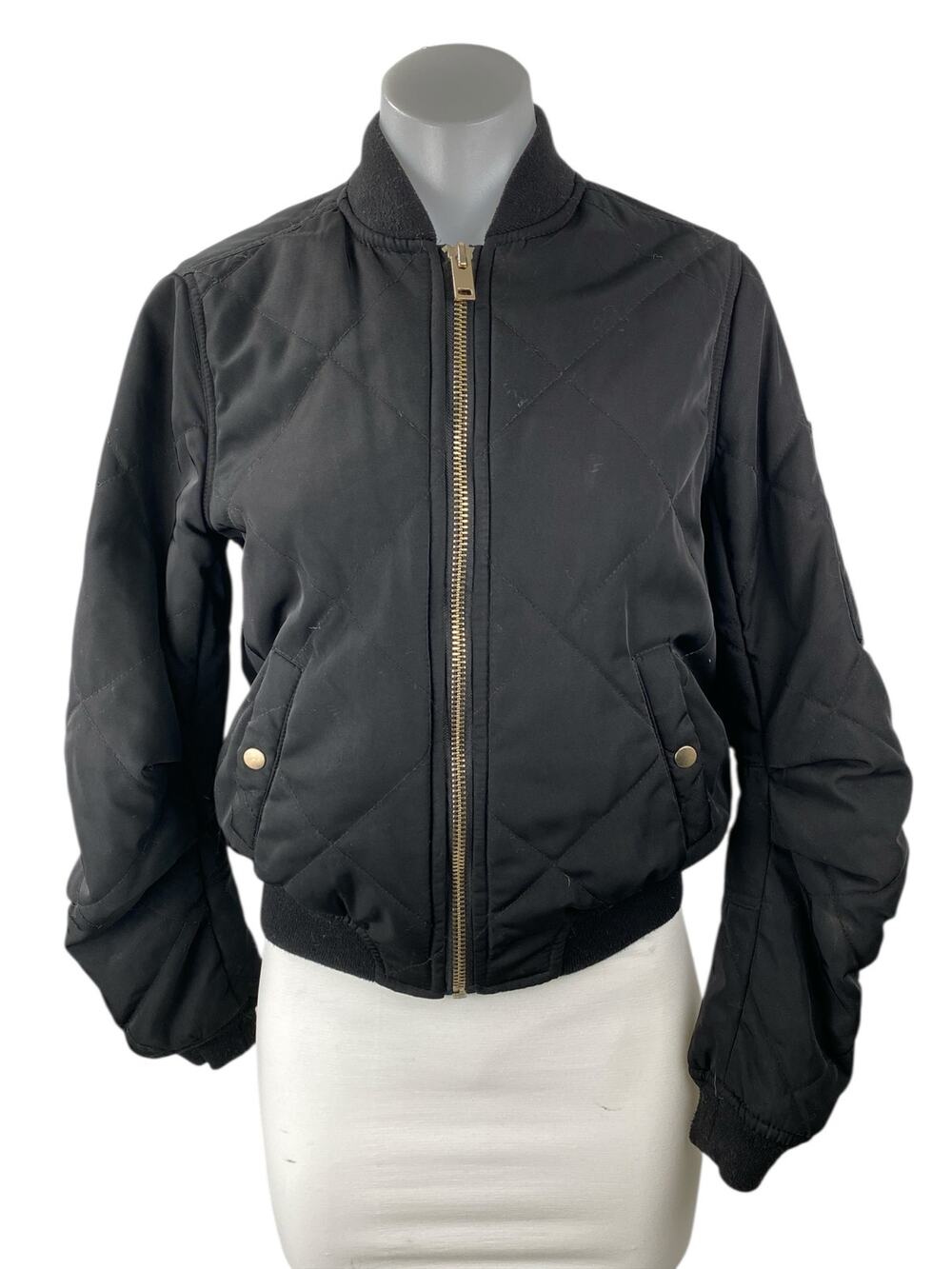Aqua Women's Black Quilted Full Zip Ruched Long Sleeve Bomber Coat Jacket Size S
